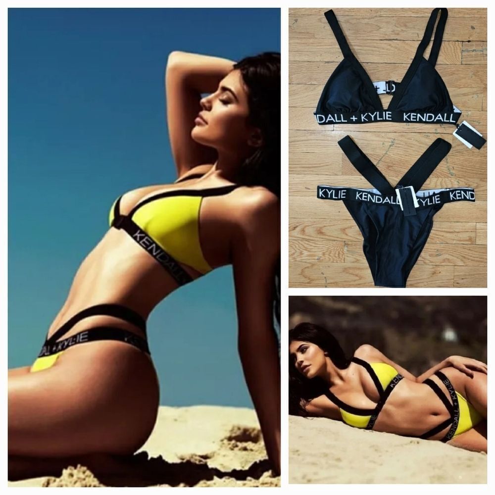 Kendall & Kylie Women's Black Logo Brand Bikini Top bandage logo Bottom Size XL